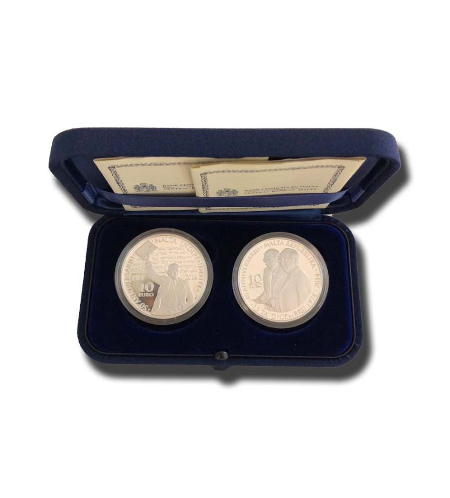 2014 Malta Silver Coin Set Of 2 Independence And Republic With Box Certificate