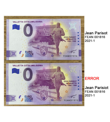 0 Euro Souvenir Banknote Valletta Citta Umilissima ERROR Malta FEAN 2021-1