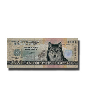 US $100 Souvenir Banknote  Alaskan Timber Wolf North of the Future State of Alaska US AK 1959 Uncirculated