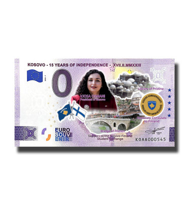 0 Euro Souvenir Banknote Kosovo - 15 Years Of Independence Colour Kosovo KOAA 2022-1