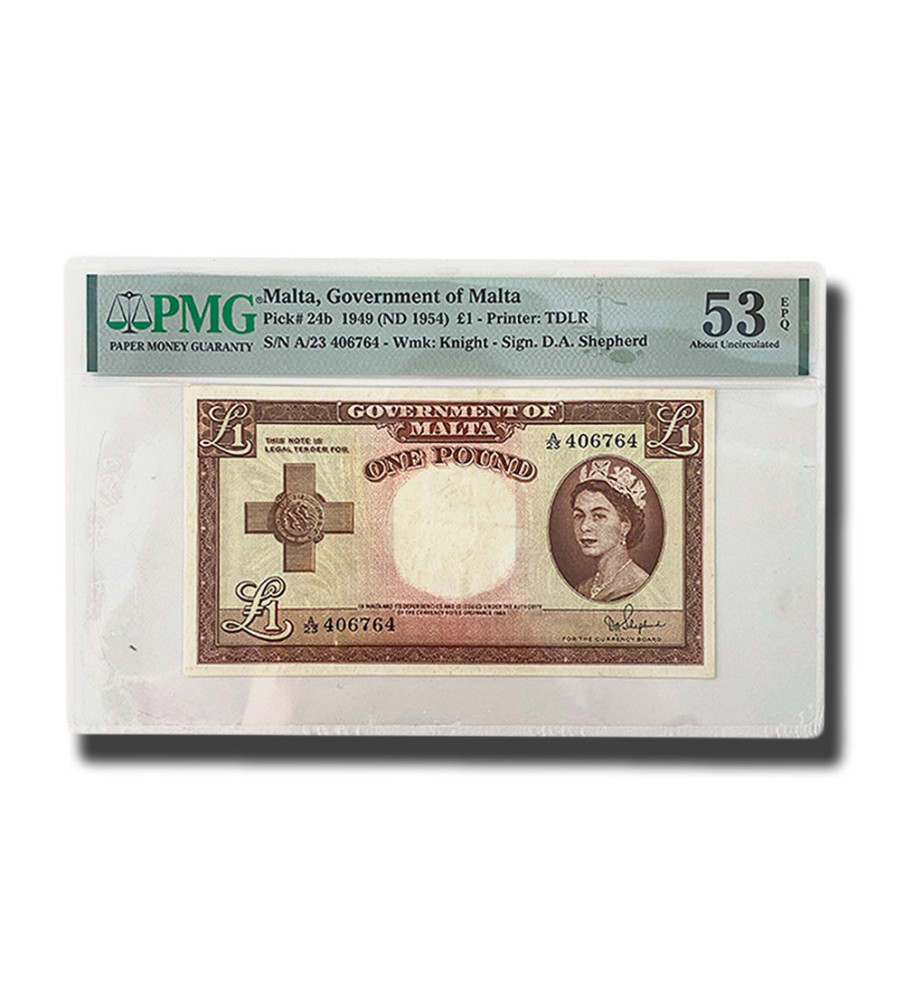PMG 53 About Uncirculated Malta Banknote PICK 24b 1949 1 Pound A/23 406764