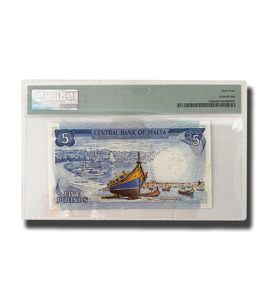 PMG 64 Choice Uncirculated Malta Banknote PICK 32b 1967 5 Liri B/2 075362