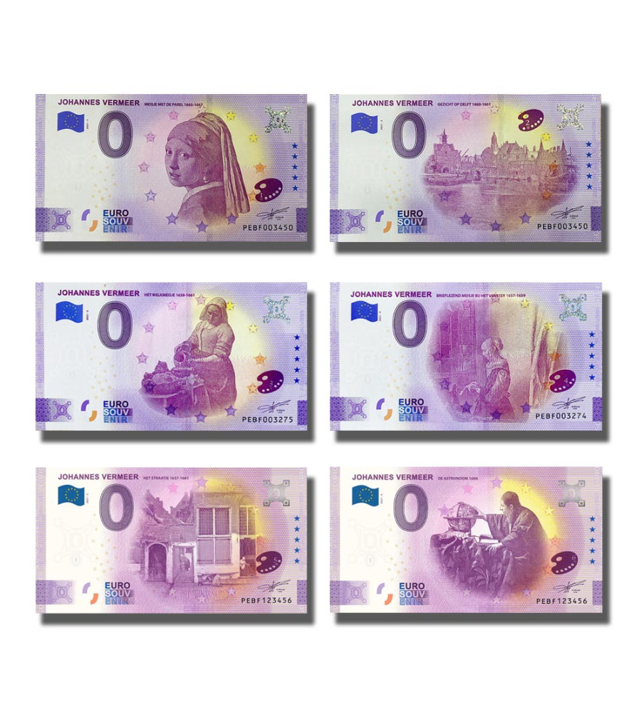 0 Euro Souvenir Banknote Thematic Johannes Vermeer Netherlands PEBF 2021 - Complete Set of 6