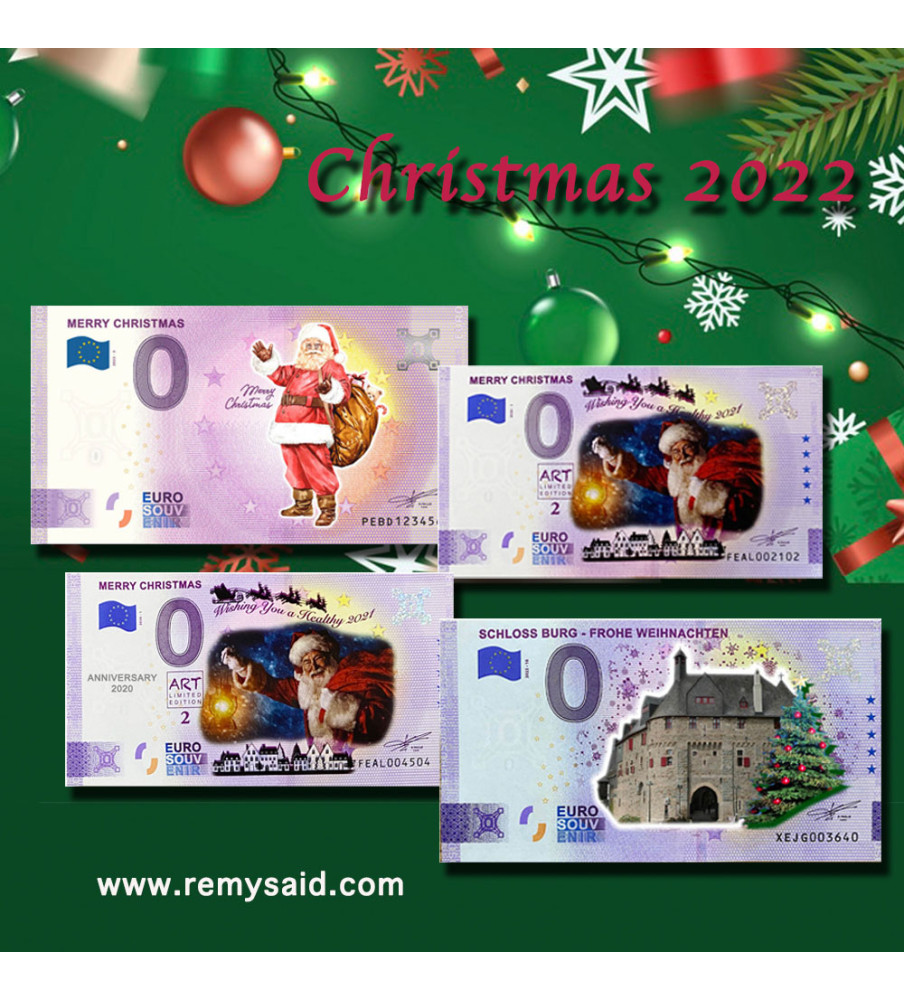 0 Euro Souvenir Banknote Merry Christmas - Set of 4 Colour Banknotes - Special price