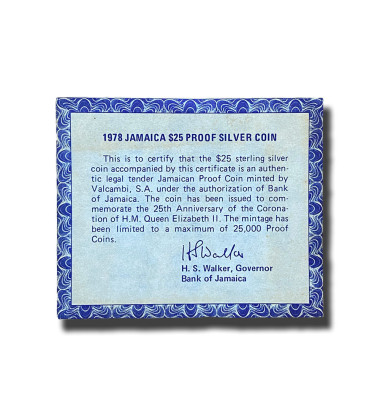 1978 Jamaica Queen Elizabeth II $25 Silver Coin Proof Box and Certificate