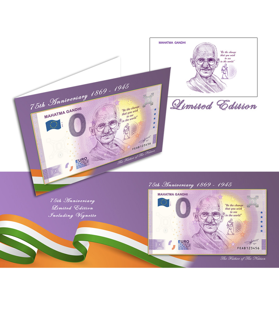 0 Euro Souvenir Banknote Mahatma Gandhi Malta India FEAB 2023-2 In Beautiful Folder
