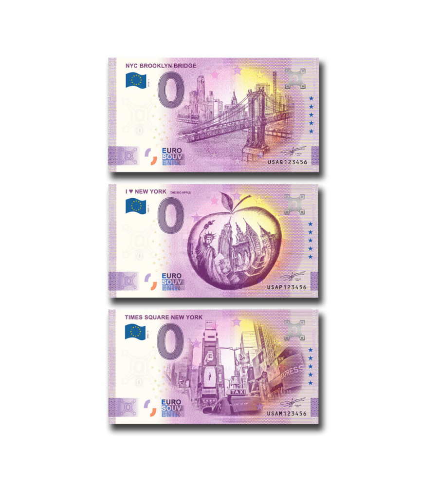 0 Euro Souvenir Banknote Thematic New York USA - Matching Numbers Set of 3