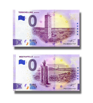 0 Euro Souvenir Banknote Thematic Lighthouses Terschelling & Westkapelle Netherlands PECB PECC 2023-1 - Set of 2 Matching Number