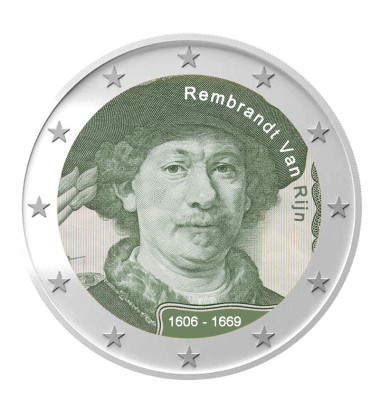 2 Euro Coloured Coin Rembrandt Van Rijn 1606 - 1669