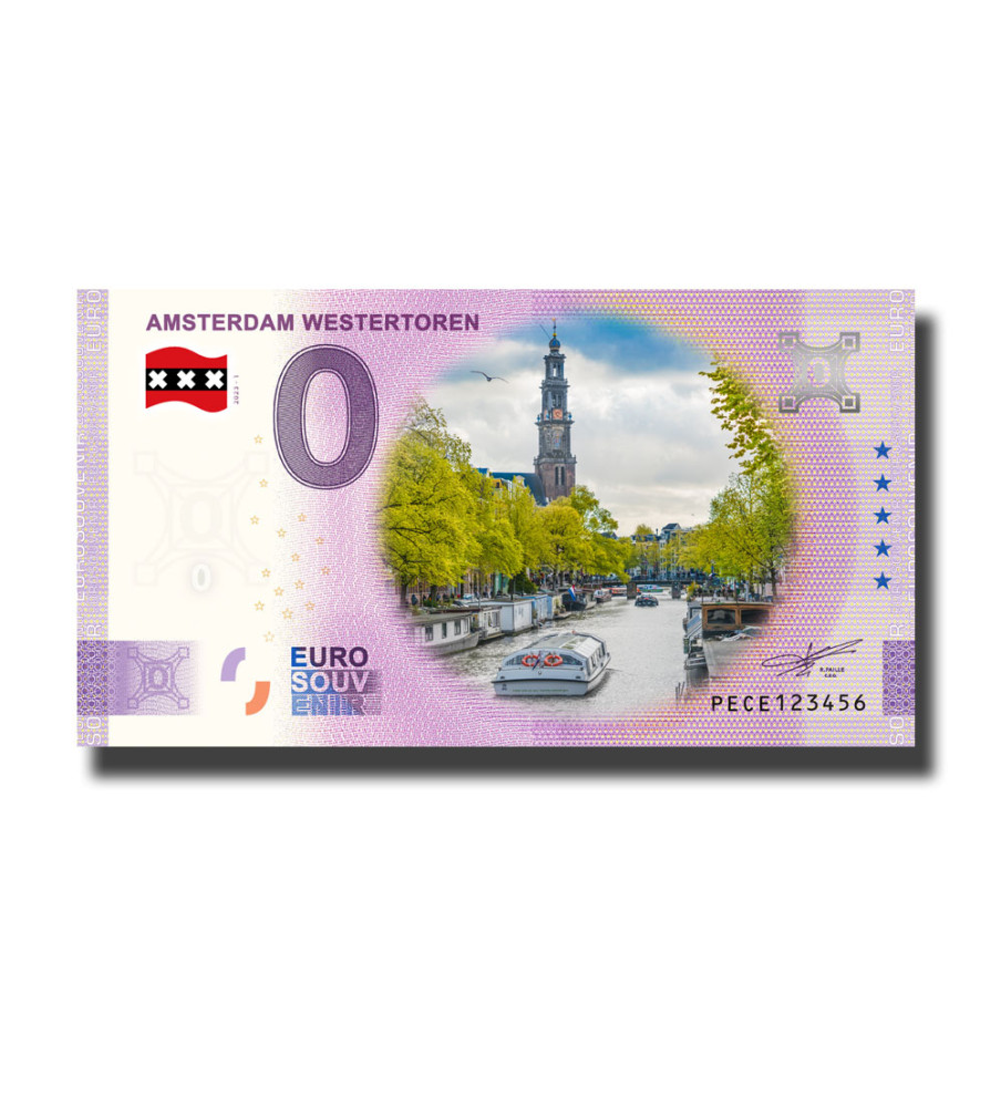 0 Euro Souvenir Banknote Amsterdam Westertoren Colour Netherlands PECE 2023-1