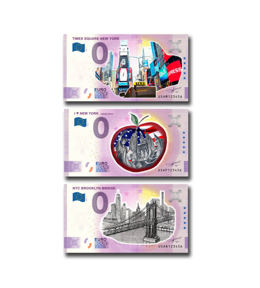 0 Euro Souvenir Banknote Thematic New York USA - Colour Set of 3