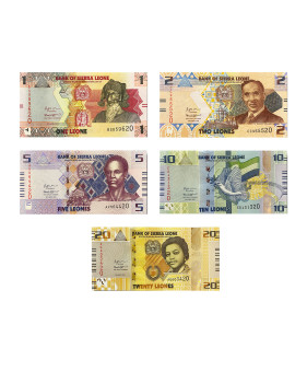 2022 Sierra Leone Set of 5 Leones Banknotes 1 2 5 10 20 Uncirculated