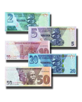 2021 Zimbabwe Dollar Banknotes Set of 5 Uncirculated