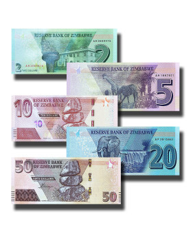 2021 Zimbabwe Dollar Banknotes Set of 5 Uncirculated