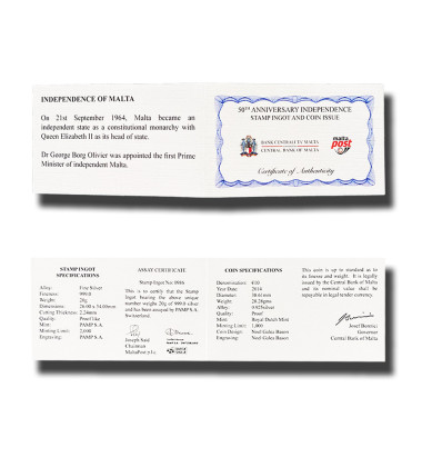 1964-2014 Malta Medal and Stamp Silver 999/925 50th Anniversary Independence