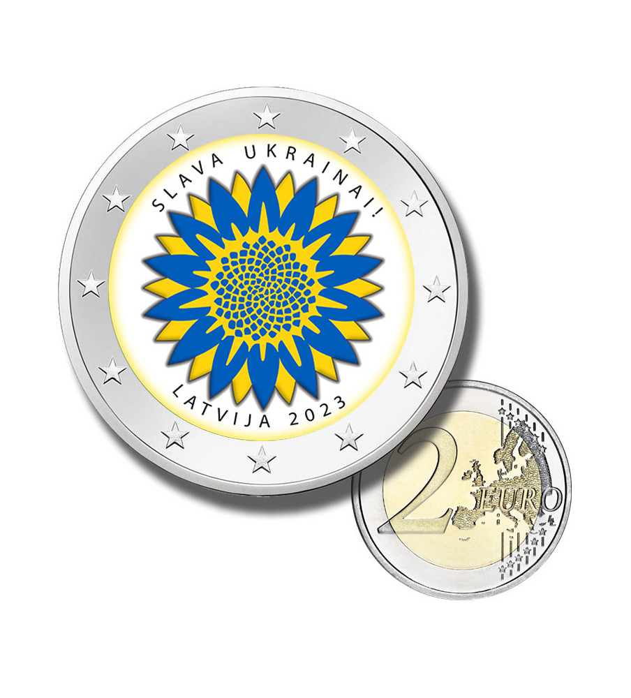 2 Euro Coloured Coin 2023 Latvia Ukrainian Sunflower - Glory to Ukraine