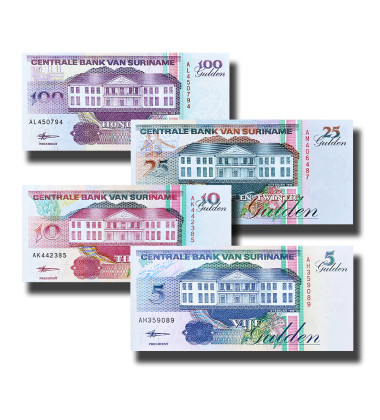 1998 Suriname 5, 10,25, 100 - Set Of 4 Banknotes Uncirculated