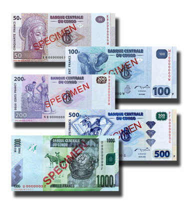 2007 Congo 50-1000 Francs - Set Of 5 Banknotes Specimen Uncirculated