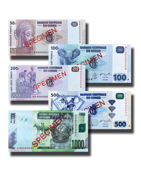 2007 Congo 50-1000 Francs - Set Of 5 Banknotes Specimen Uncirculated