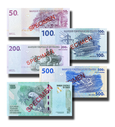 2007 Congo 50-1000 Francs - Set Of 5 Banknotes Specimen Uncirculated