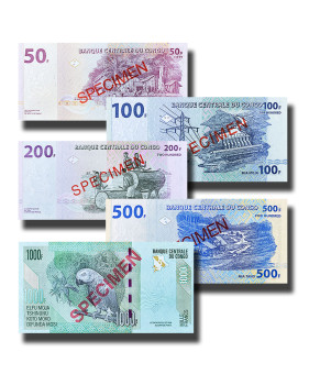 2007 Congo 50-1000 Francs - Set Of 5 Banknotes Specimen Uncirculated