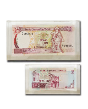 1989 Malta Lm2 Banknote UNC in perspex A/1 000000 Signed Anthony P. Galdes P-41 RARE