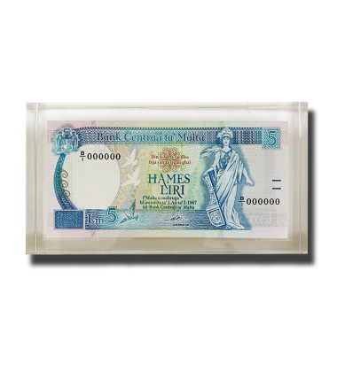 1989 Malta Lm5 Banknote UNC in perspex B/1 000000 Signed Anthony P. Galdes P-42 RARE