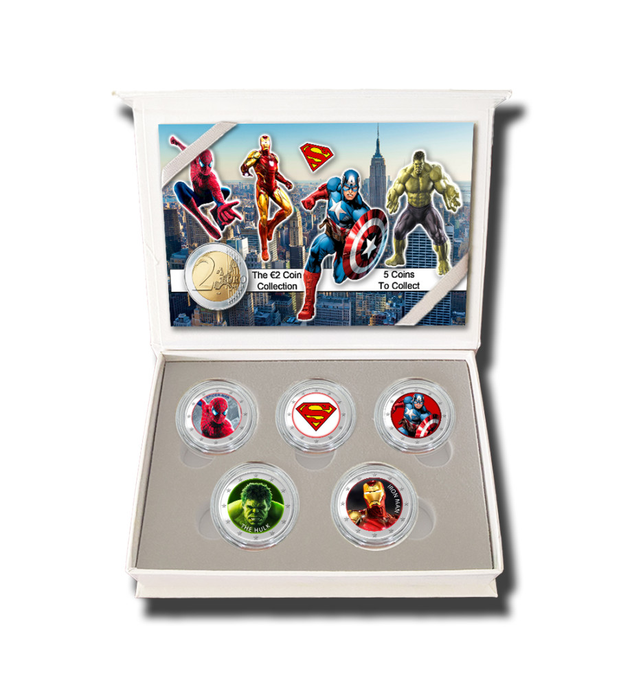 2 Euro Coloured Coin Set of 5 in Presentation Box - Superhero Movies