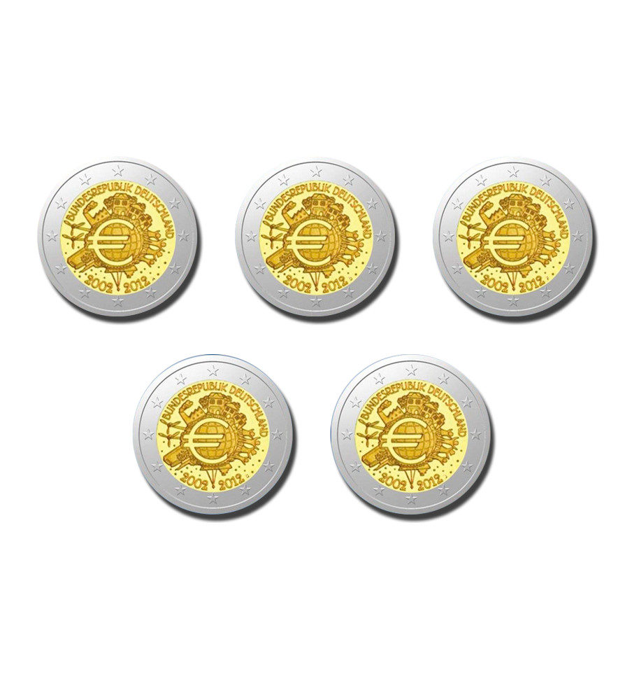 2012 Germany A D F G J 10 Years Euro Cash 2 Euro Coin Set of 5