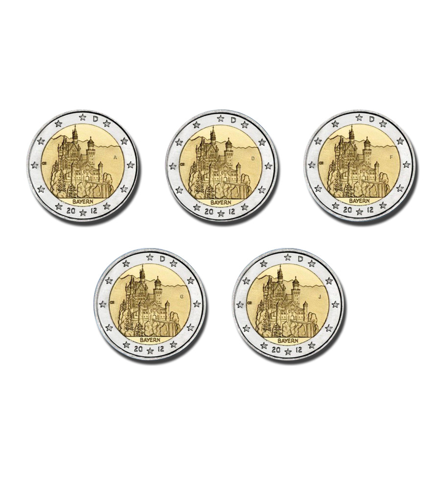 2012 Germany A D F G J Bayern Neuschwanstein Castle 2 Euro Coin Set of 5