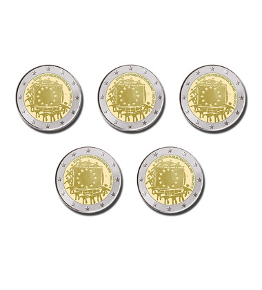 2015 Germany A D F G J 30th Anniversary Of EU Flag 2 Euro Coin Set of 5
