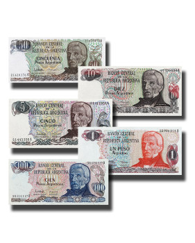 1984 Argentina 1 - 100 Pesos Gral San Martin - Set of 5 Banknotes Uncirculated