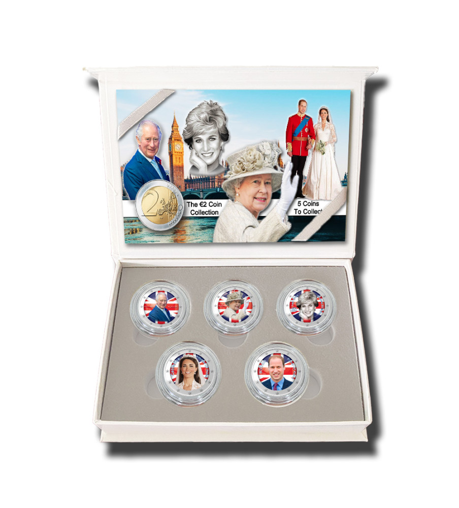 2 Euro Coloured Coin Set of 5 in Presentation Box - UK British Monarchy