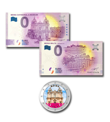 Malta Mdina Cathedral Euro Colour Coin & 2 Souvenir Banknotes FEAE, FEAP - Set of 3