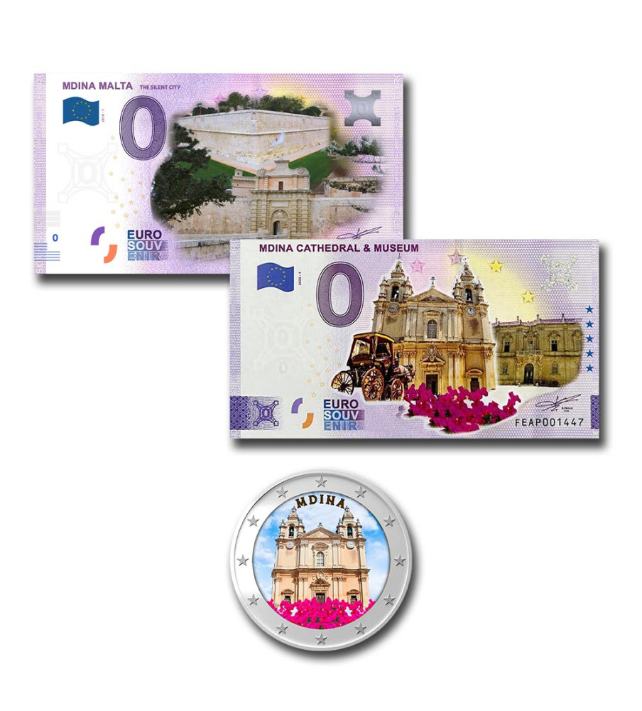 Malta Mdina Cathedral Euro Colour Coin & 2 Souvenir Banknotes Colour FEAE, FEAP - Set of 3