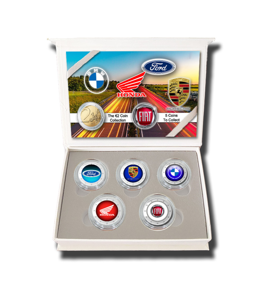 2 Euro Coloured Coin Set of 5 in Presentation Box - Car Brands 1