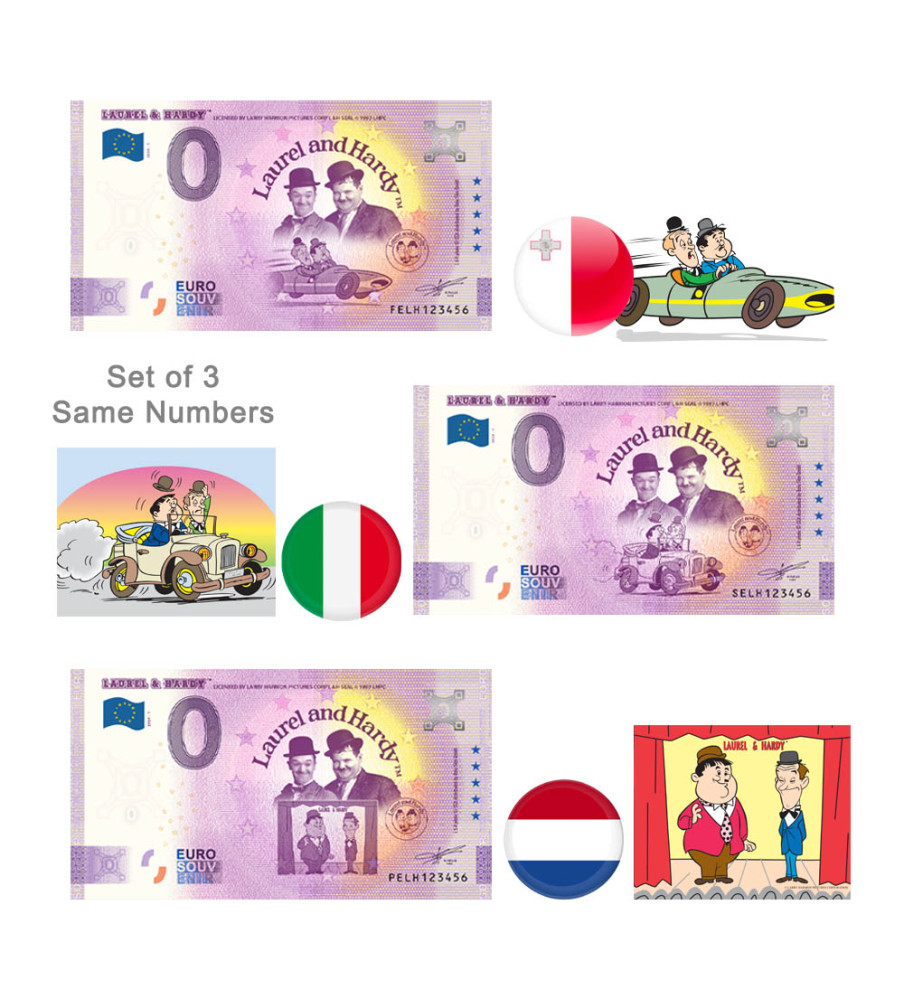 0 Euro Souvenir Banknote Thematic Laurel & Hardy Set of 3 Malta Italy Netherlands 2024-1 0 Euro Souvenir Banknote Thematic Laurel & Hardy Set of 3 Malta Italy Netherlands 2024-1