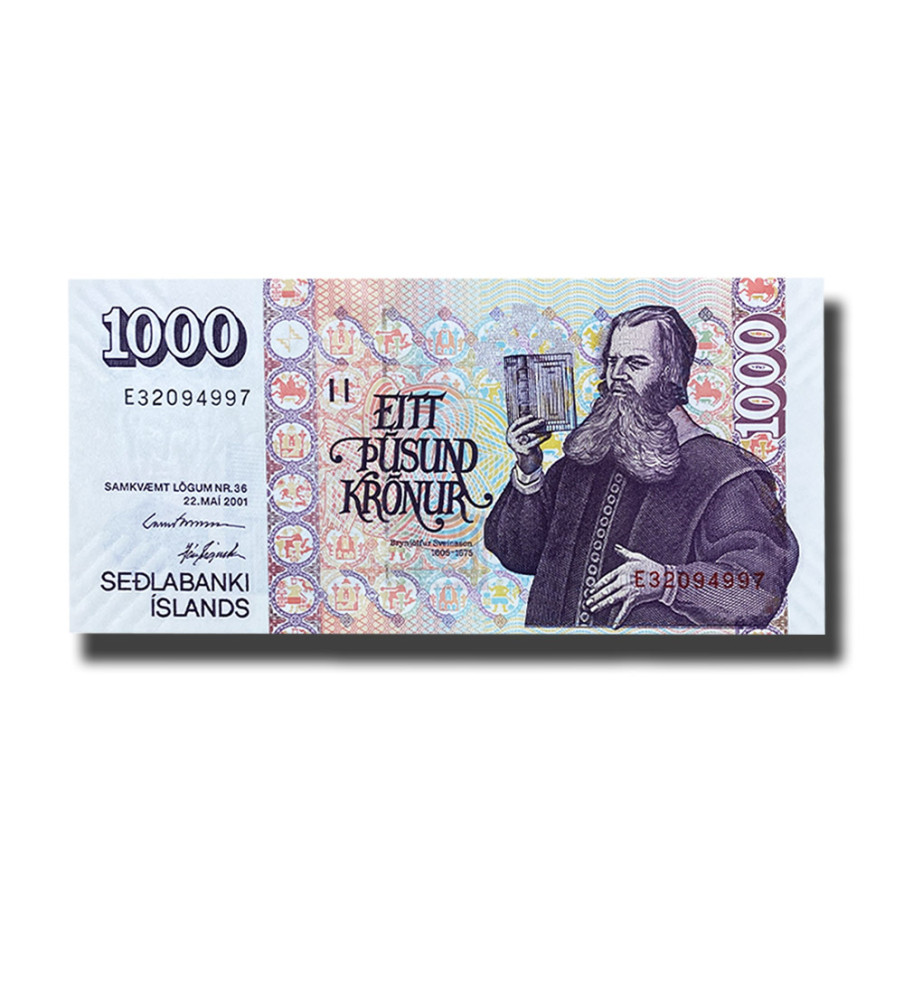 2001 Iceland 1000 Kronur Banknote Bishop Brynjolfur Sveinsson P60 Uncirculated