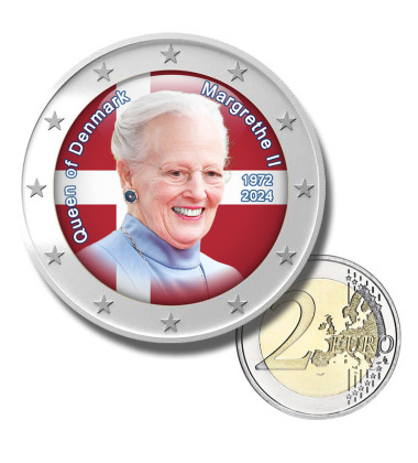 2 Euro Coloured Coin Queen of Denmark Margrethe II 1972-2024