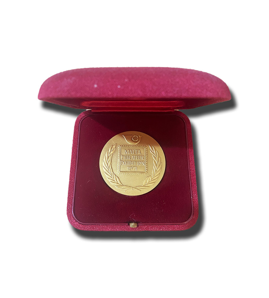 1971 Malta Philatelic Exhibition Medal in Box Gold Gilt