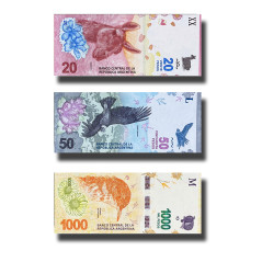 Argentina 10 20 1000 Pesos Set of 3 Banknote Uncirculated