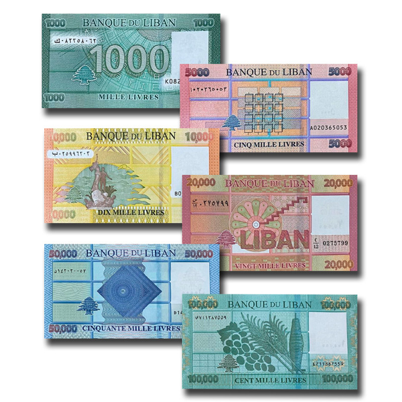 Lebanon 1000 5000 10000 20000 50000 100000 Set of 6 Banknote Uncirculated