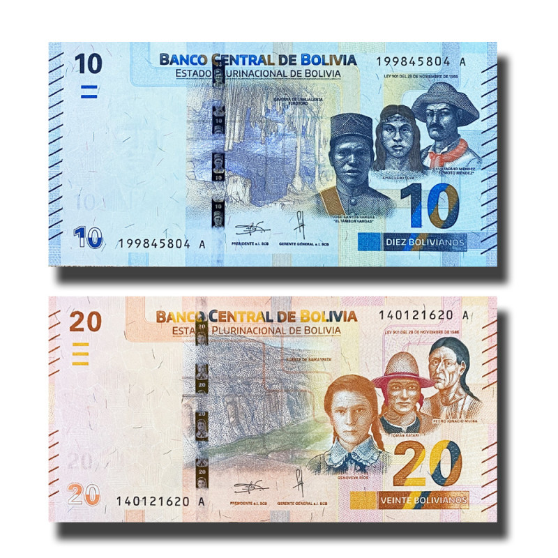 Bolivia 10 20 Bolivanos Set of 2 Banknote Uncirculated