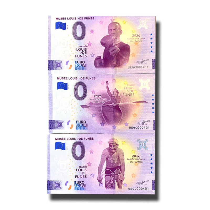 0 Euro Souvenir Banknote Musee Louis: -De Funes Set of 3 France UEQC 2024-7