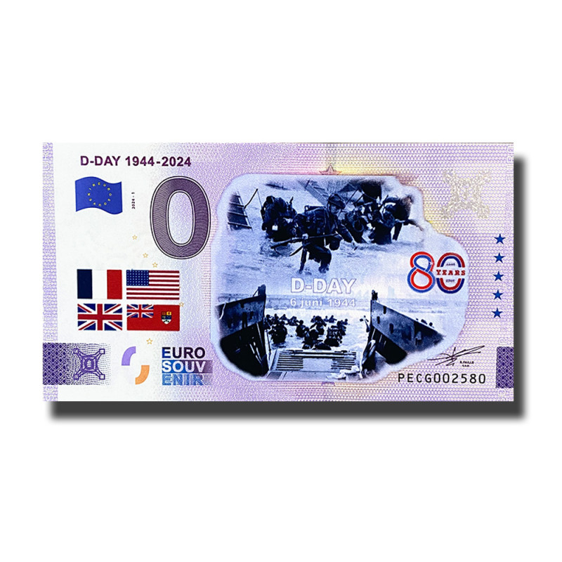 0 Euro Souvenir Banknote D-Day 1944-2024 Colour Netherlands PECG 2024-1