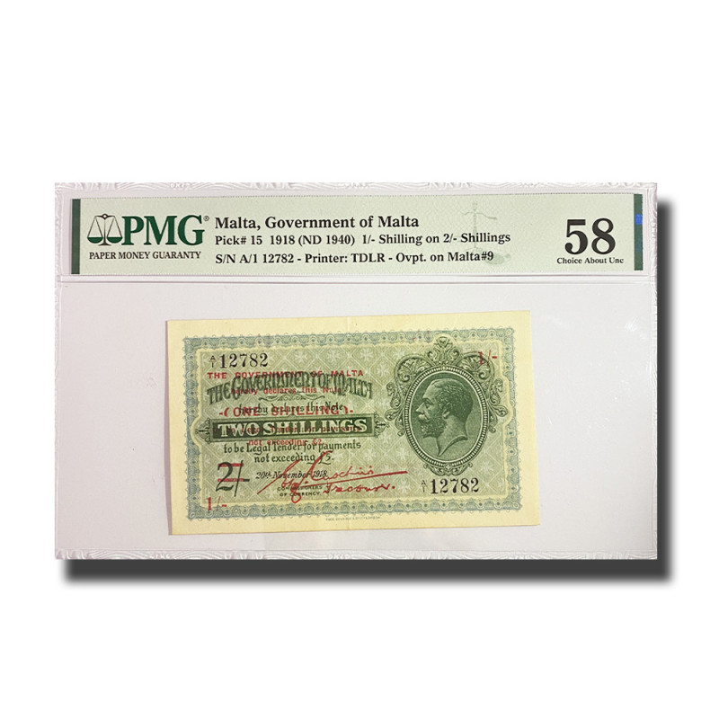 PMG 58 Choice Uncirculated Malta Banknote PICK 15 1918 1 Shilling A/1