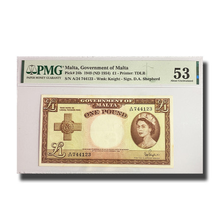 PMG 53 Choice Uncirculated Malta Banknote PICK 24b 1949 1 Pound A/24