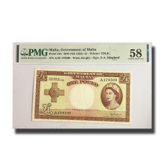 PMG 58 Choice Uncirculated Malta Banknote PICK 24b 1949 1 Pound A/25