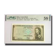 PMG 58  Choice Uncirculated Malta Banknote PICK 29a 1967 1 Pound A/2