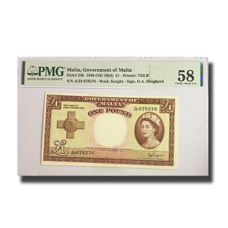 PMG 58 Choice Uncirculated Malta Banknote PICK 24b 1949 1 Pound A/23